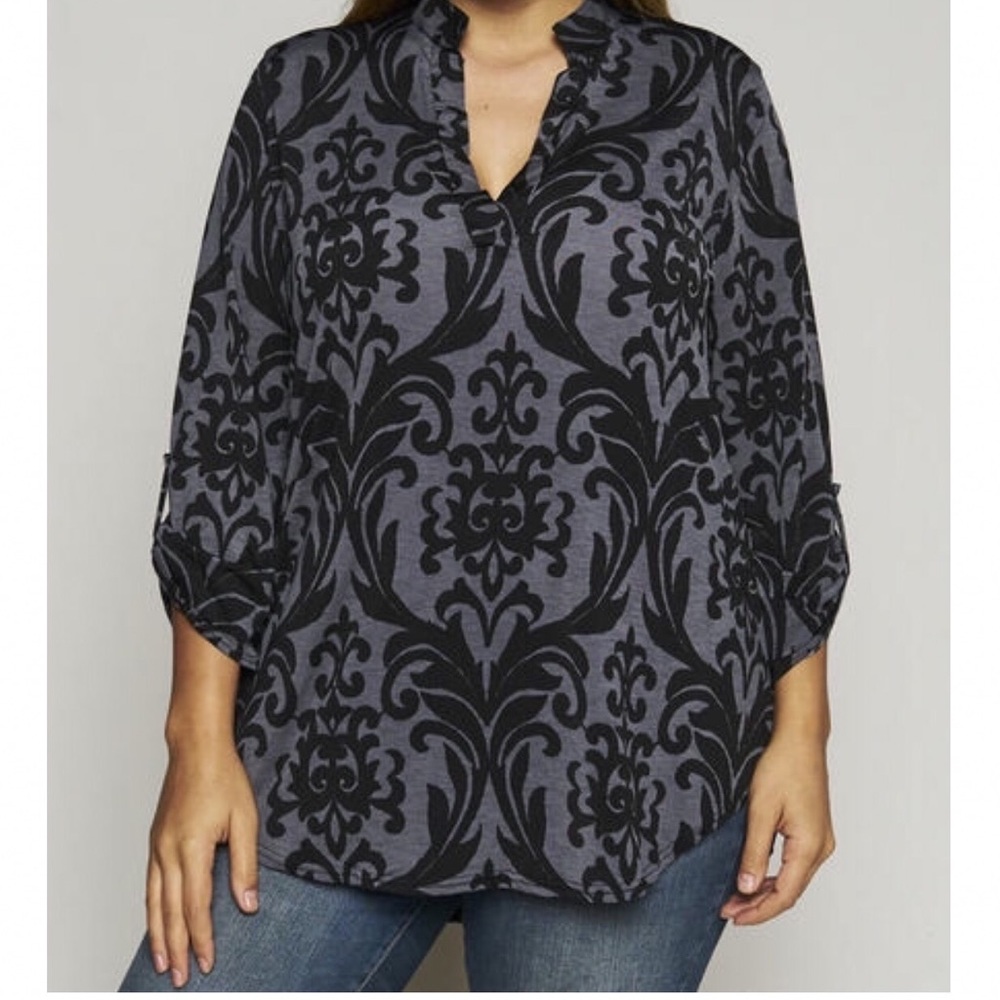 Charcoal & Black 3/4 Sleeve Split Neck Tunic Top